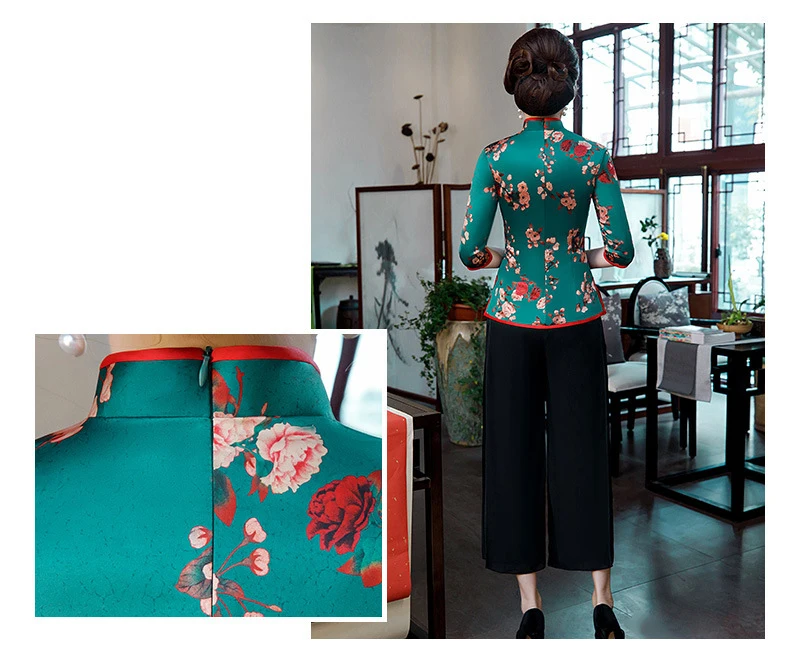 Spring new Tang suit cheongsam blouse improved fashion Chinese seven-point sleeve mother dress wedding banquet suit large 4XL