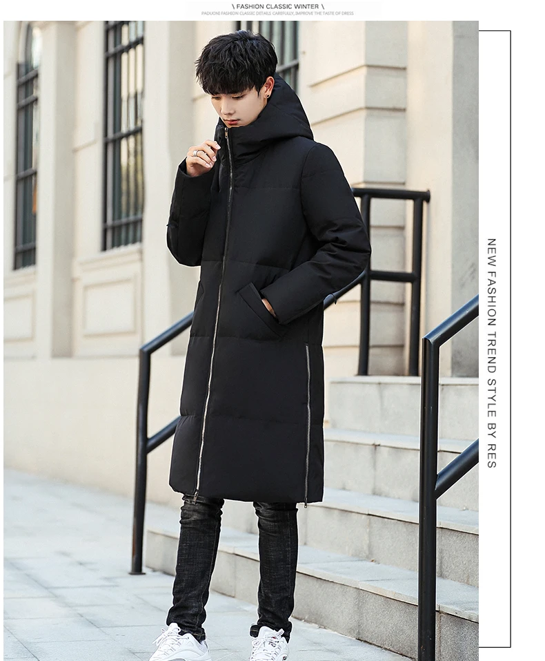 90% белый пуховик на утином пуху, длинная Мужская куртка, зимнее теплое пальто с капюшоном, удобное мужское однотонное пальто 1803