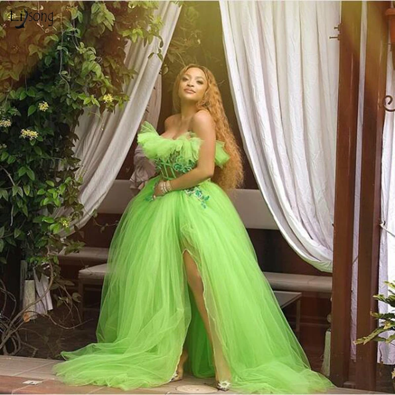 

New Neon Green Tulle Evening Party Dresses 2019 Sexy Strapless Formal Dress with Side Slit Appliques See Through Long Prom Gowns