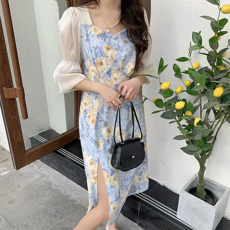 Dresses Women Spliced Romantic Printed Korean Style Elegant Empire Side-slit Feminine Trendy Vestdios Sweet Female Puff Sleeve zara dresses