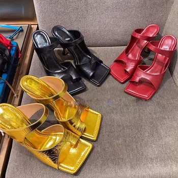 

Gold Women Slippers Clip Top Square Toe Summer Sandals Slides Slip On Hollow Design Thin 8CM High Heels Pumps Sexy Party Mules