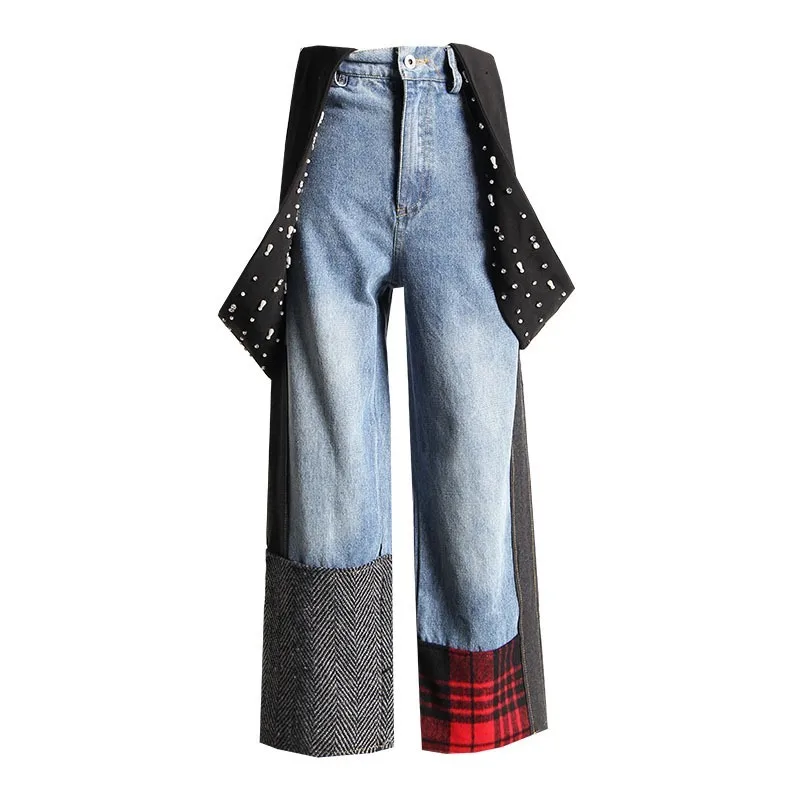 

XAXZXY 2020 summer new heavy industry beaded contrast stitching wild nine-point wide-leg patchwork plaid pants women jeans