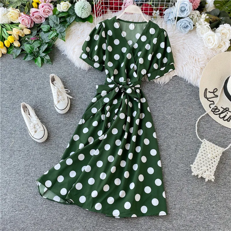 Amolapha, женское платье с v-образным вырезом, в горошек, с поясом, Vestidos, короткий рукав, сексуальные женские повседневные платья для пляжного отдыха - Цвет: Зеленый