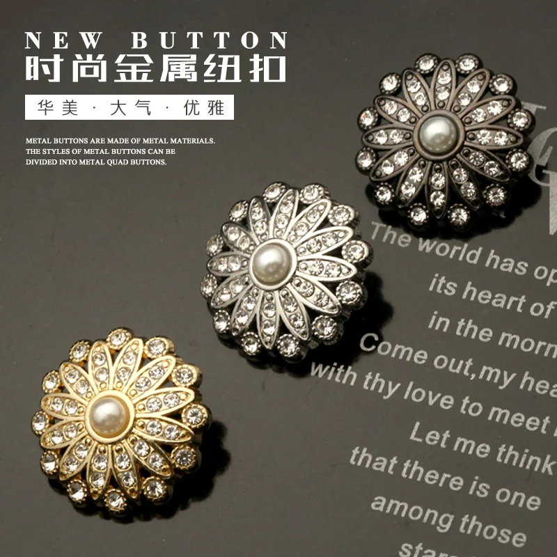 

Flower Metal Gold Buttons with Pearl Diamond Rhinestone for Clothing Dress Needlework Women Diy Suit Jeans Sewing Button 6pcs