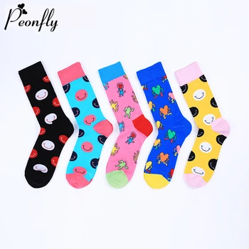 

PEONFLY New 2020 Autumn Winter Socks Men Funny Colorful Smile Face Heart Printed Sokken Casual Harajuku Combed Cotton Socks