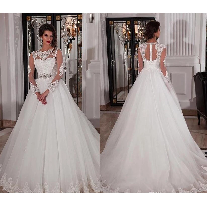 

Long Sleeves Wedding Dresses Dubai African Bridal Gowns With Button Crystal Belt Sweep Train Customized Wedding Gowns
