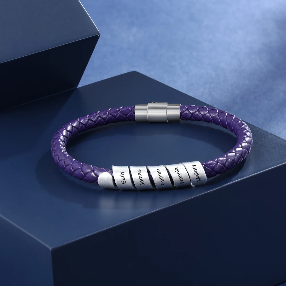 Personalized Family Names Bracelets with 5 Custom Beads Stainless Steel Purple Braided Rope Bracelets for Women Mother's Gift