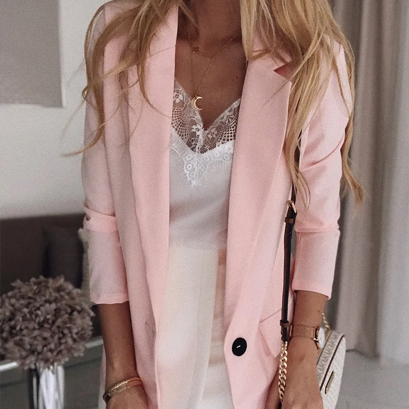 Pink Большие размеры 5XL, Женская куртка с зазубренными пуговицами и карманами, Блейзер, однотонный элегантный офисный Женский блейзер, Feminino, осенняя женская одежда - Цвет: Pink