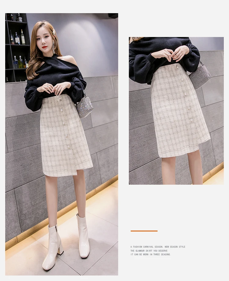Высокая талия черные твидовые юбки женские зимние офисные женские элегантные клетчатые юбки размера плюс уличная Корейская миди юбка куртка femme