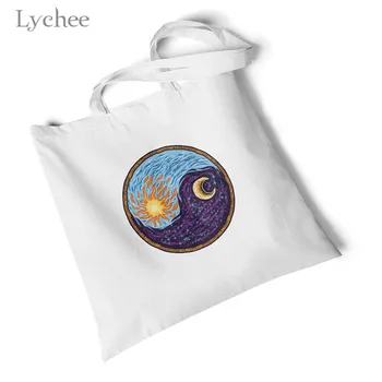 

Lychee Harajuku Yinyang Print White Canvas Bag Environmental Reusable Original Handbag Foldable Large Shoulder Bag Travel Bag