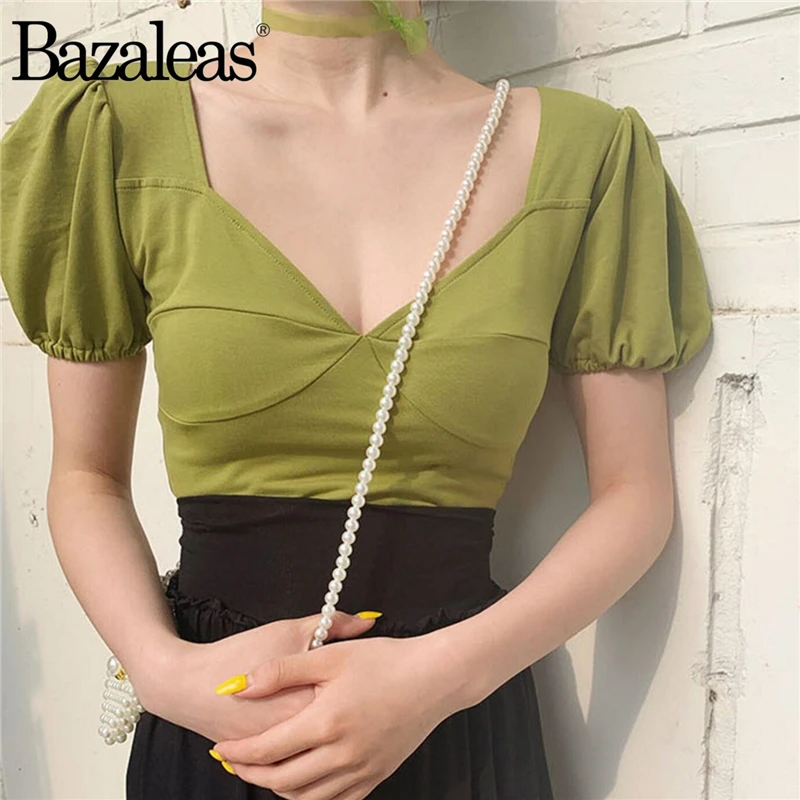 Bazaleas Мода blusas mujer de moda шикарные яркие зеленые Блузы с пышными рукавами элегантная женская блузка Прямая