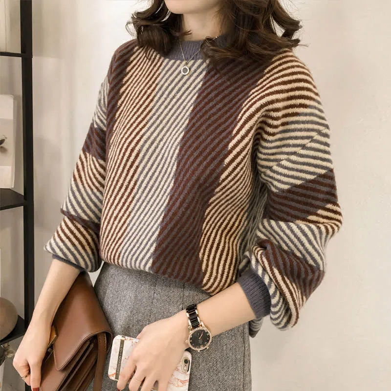 

2019 Winter Women Basic Striped Sweaters Solid Casual Pullover Jumper Autumn O Neck Knitted Knit Sweater Female