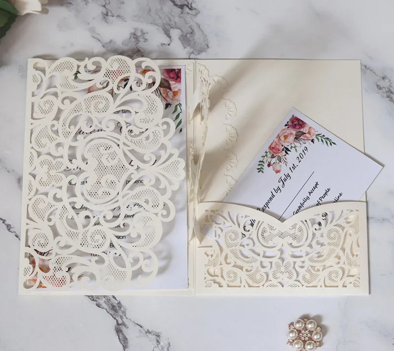 10/20Pcs Weiß Gold Perle Papier Laser Cut Hochzeit Einladungen Karte Europäischen Hochzeit Braut Dusche Dekor Geschenk Gruß karte Kits – Detail 10