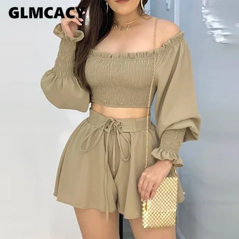 

Off Shoulder Ruched Crop Top with Shorts Set Women Chic Two Piece Matching Sets