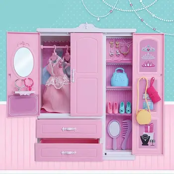 

Children Toy Wardrobe Dollhouse Pretend Play Set Bedroom Furniture Cabinet Princess Storage Room Accessories Pink Organizer Kids