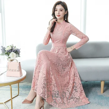 

2020 Vintage Pink Lace Sexy Maxi Dresses Spring Autumn 3XL Plus Size Long Sleeve Midi Dress Elegant Women Bodycon Party Vestidos