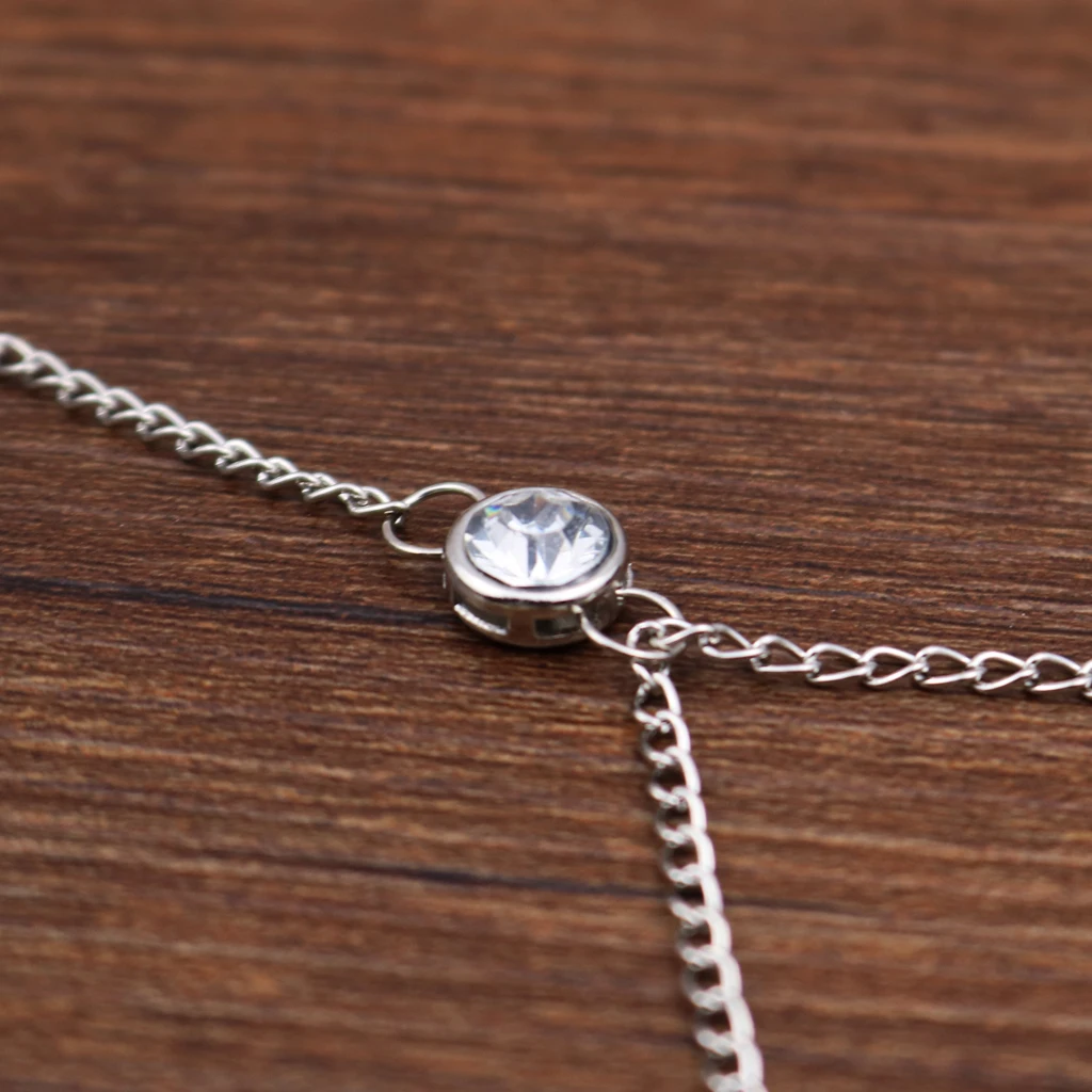 Fashion Crystal Leaf Slave Chain Hand Harness Silver Plated Bracelet Ring