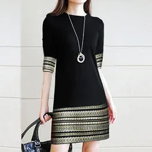 Осеннее женское платье с коротким рукавом и круглым вырезом, с принтом, эластичное, воздушное, тонкое, черное, золотое, винтажное прямое платье L1119