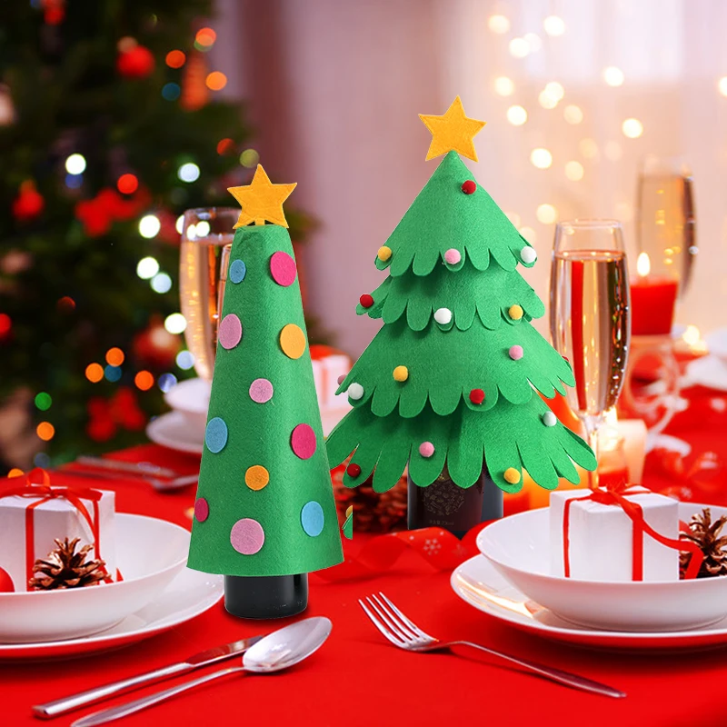 

2 Style Christmas Tree Wine Bottle Set Party Holiday Dinner Table Tree Design Wine Bottle Covers Holiday Cover Set