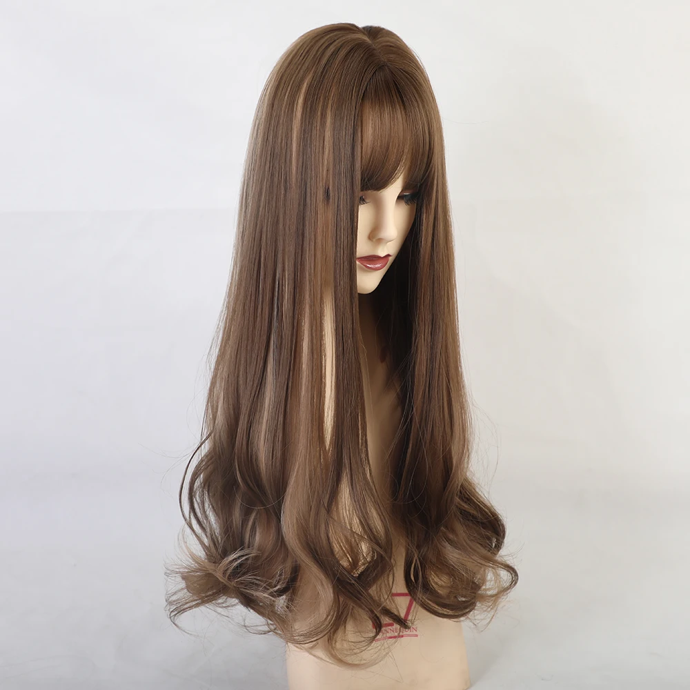 Длинные волнистые парики для женщин Косплей натуральные синтетические волосы коричневый смешанные парики с челкой термостойкие волокна парики