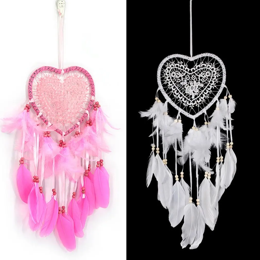 Hot Sale Dream Catcher LED Heart Shape Dreamcatcher Feathers Night Light White/pink Dream Catchers Wall Hanging Home Room Decor