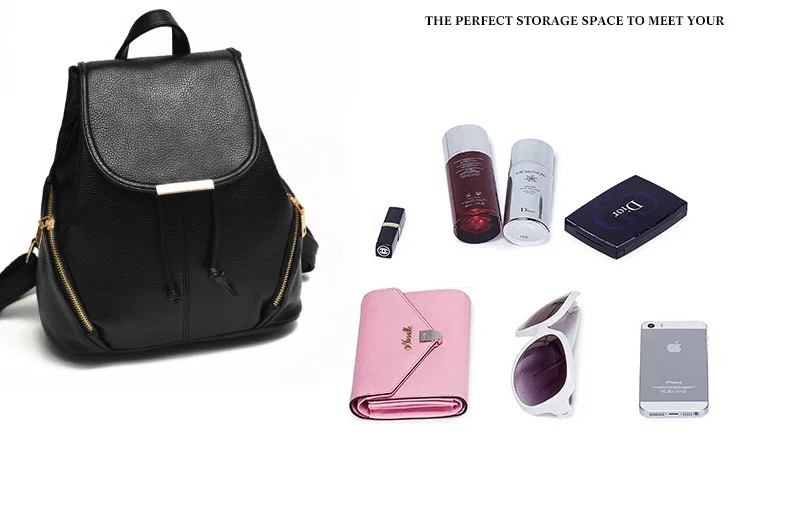 2019 High Quality PU leather Zipper Backpacks Female Small Leisure Backpack Purse College Student Shoulder School Bag Black Pink (15)
