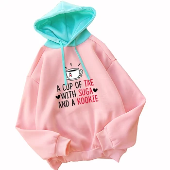 

Women Hoodies Sweatshirts Streetwear Casual Funny A CUP OF TEA WITH SUGA AND A KOOKIE Print Hooded Contrast Color Fleece Clothes