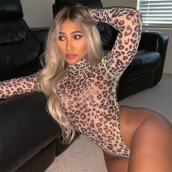 

2020 Women Spring Summer Jumpsuit Leopard Print Turtleneck Long Sleeve Patchwork Leotards Slim Sexy Club Wear Ladies Bodysuit