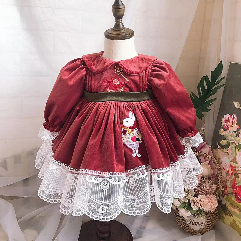 

Baby Girl Autumn Winter Red Velvet Long Sleeve Turkey Style Lolita Princess Dress for Girls Casual Christmas Party Dress