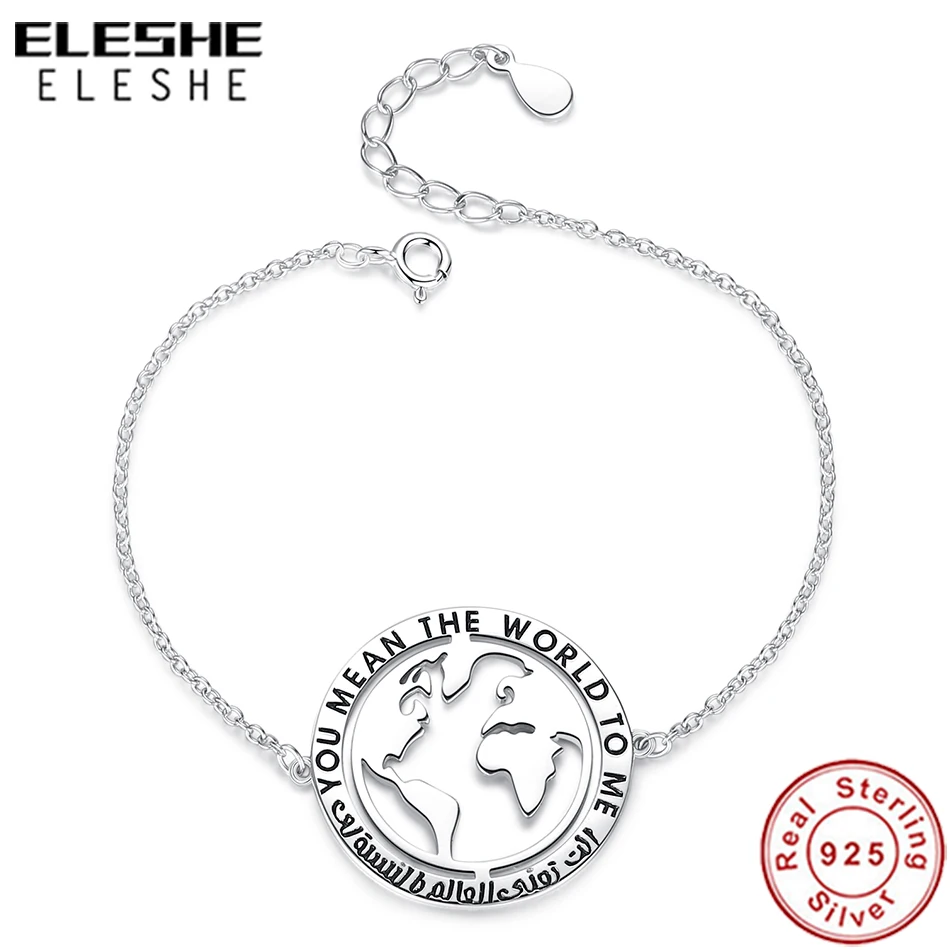 ELESHE, рождественский подарок, 925 пробы Серебряный браслет-цепочка, звено, Карта мира, очаровательный браслет для женщин, влюбленных, свадебные ювелирные изделия