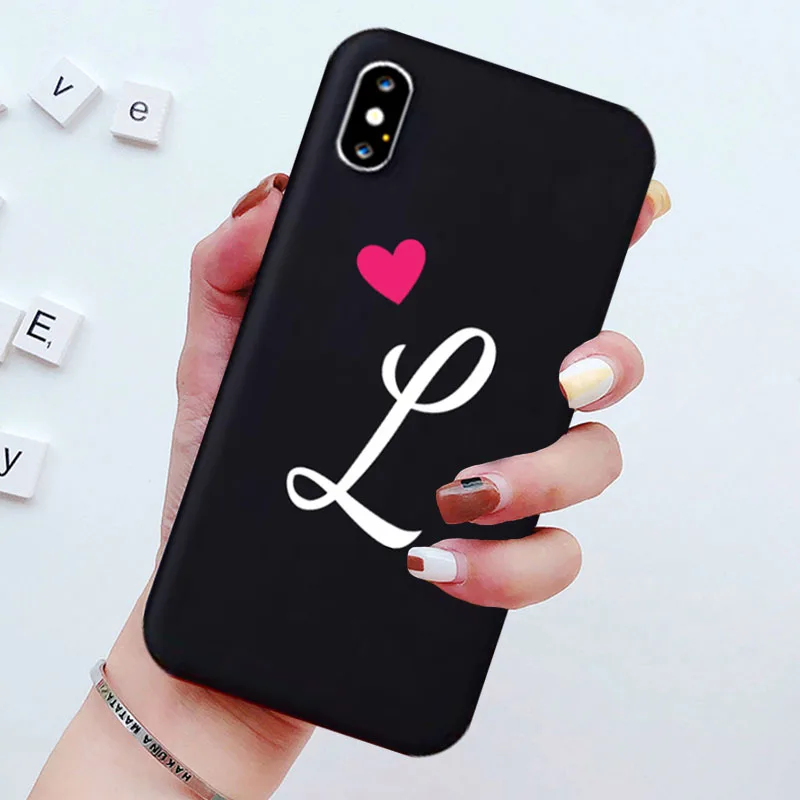 Love Heart Soft Silicone Black Couple Phone Case with Letters A B C D