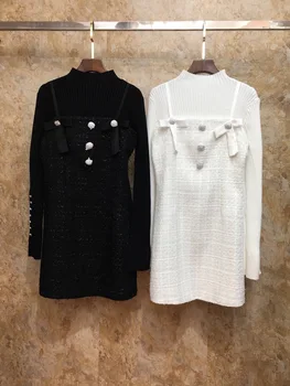 

2019 New Fashion Two-piece Set Knit Long Sleeve Top & Woolen Dress Elegant& Vantage Black & White Free Shipping