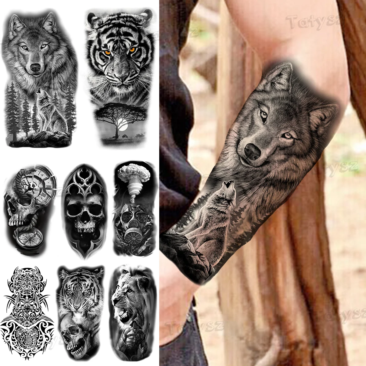 Tatuajes temporales de lobo grande para mujeres, hombres, tatuajes de  antebrazo realistas, Tigre, bosque, Calavera, León, espinas, Samurai,  tatuaje falso, pegatina - AliExpress