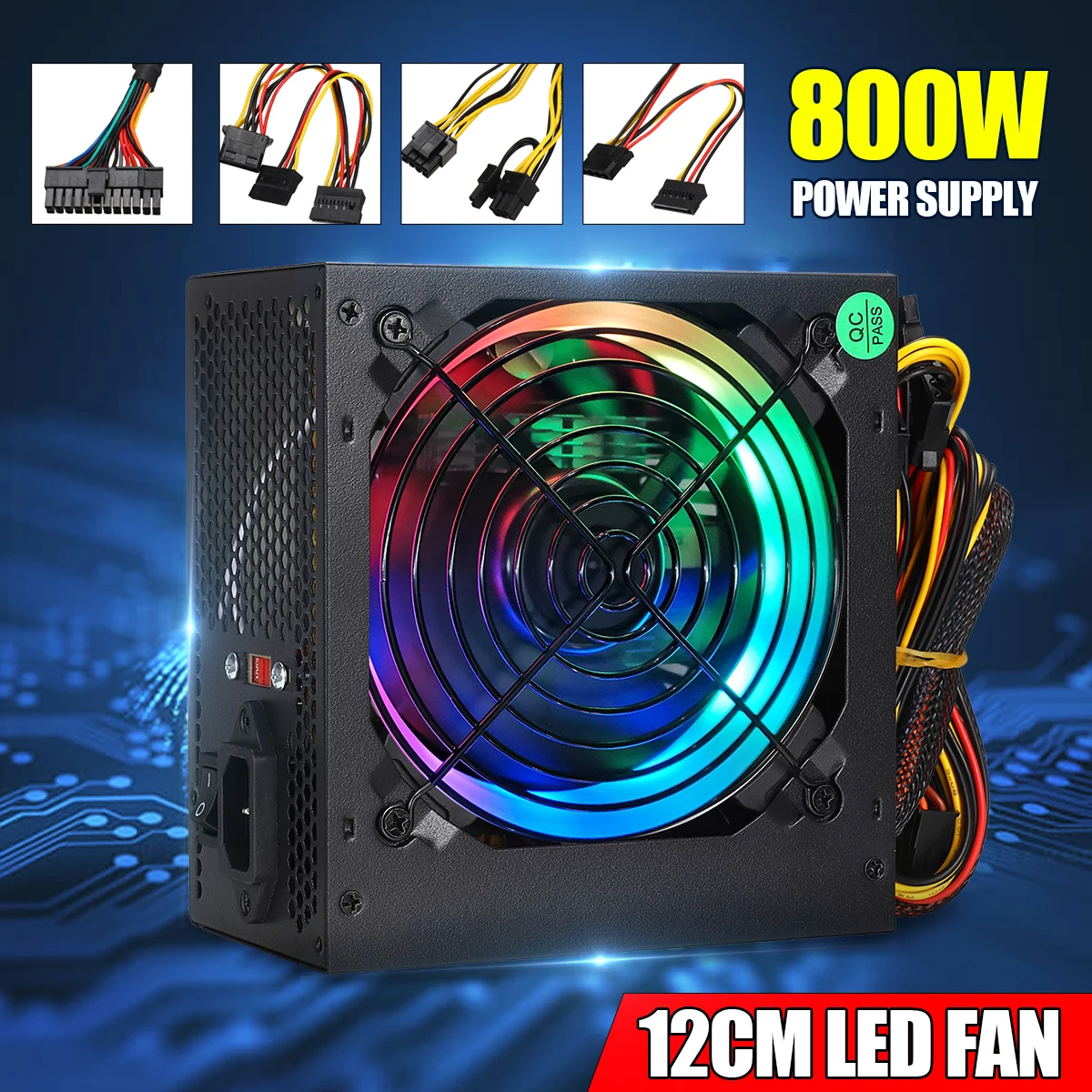 

800W Max 24 Pin PCI SATA 12V PC Power Supply 110/220V Switchable Desktop Computer Power Supply 12cm Multicolor LED Fan