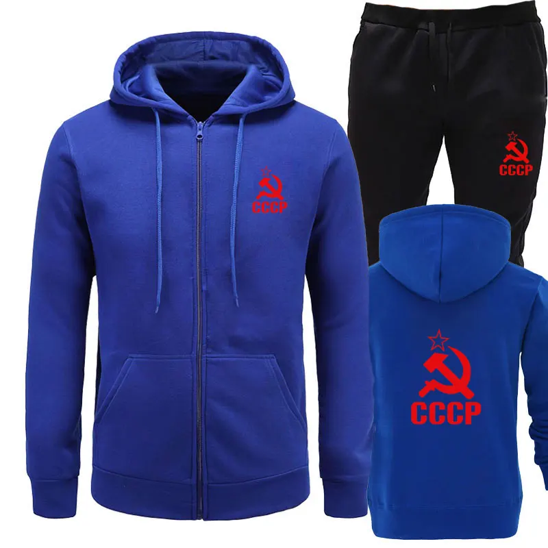 СССР CCCP модные комплекты из двух предметов Для мужчин s толстовки+ бег Штаны костюм Для мужчин повседневная одежда в стиле «хип-хоп» модные Москва Россия футболка высокое качество м - Цвет: blue black3