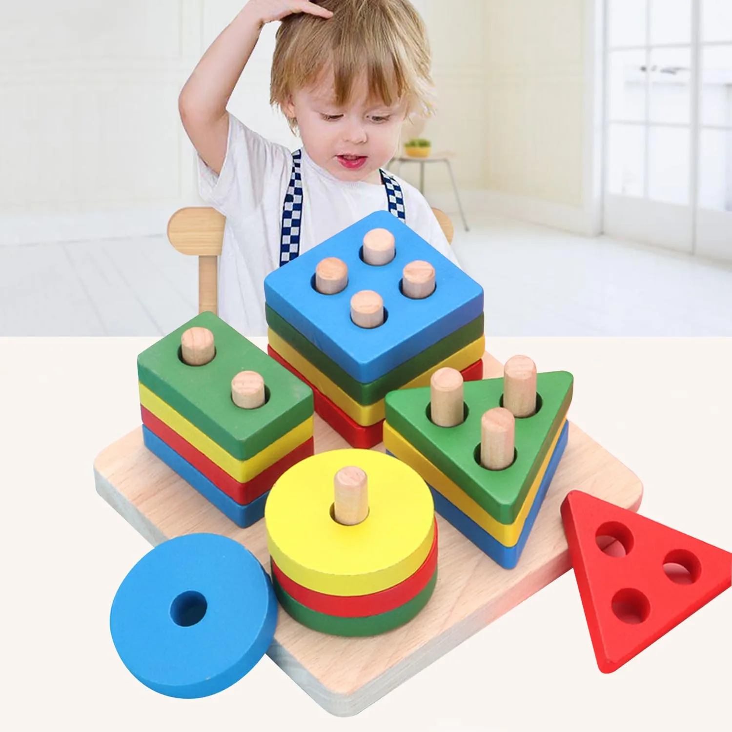 Besegad Montessori Wooden Math Geometry Shape Cognitive Blocks Toy Stacking Block for Kids Preschool Supplies Shape Sorting Toys
