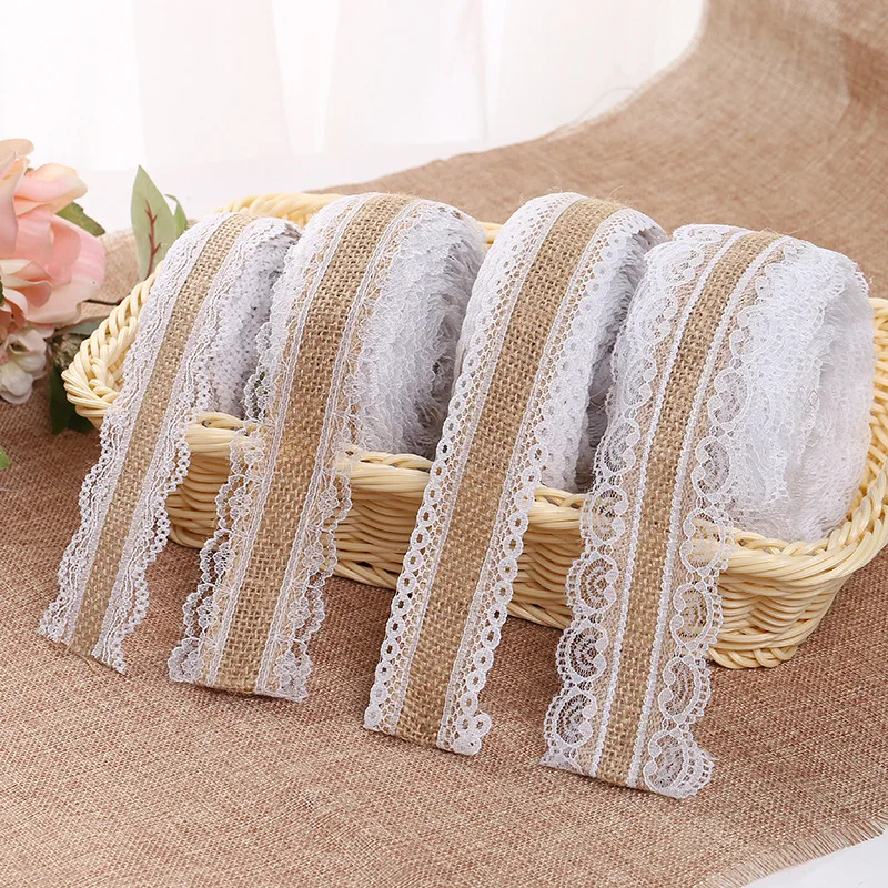 

2m/roll Natural Jute Burlap Hessian Ribbon with Cotton Lace DIY Trim Fabric For Sewing Wedding Decoration Accessories Retro lace