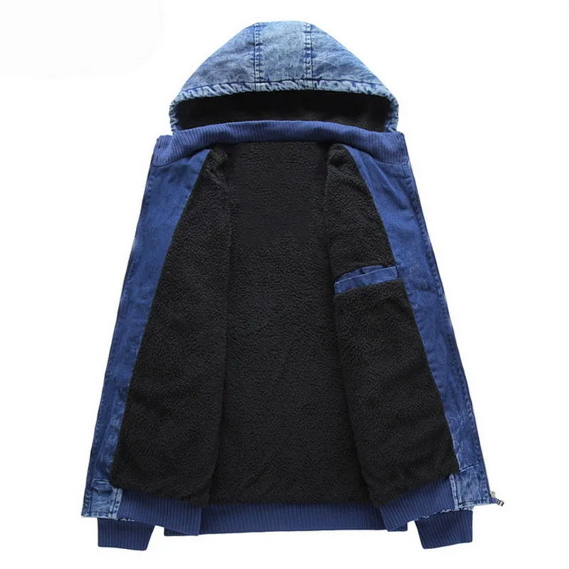Мужские зимние теплые джинсовые куртки, утепленные флисовые пальто с капюшоном, Мужская Плотная джинсовая верхняя одежда, модная однотонная Ретро Уличная одежда, новинка