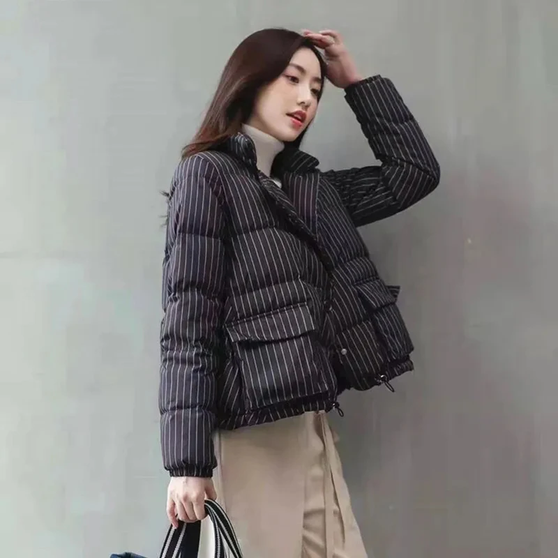 

Women Korean Short Jacket Outerwear Cotton Warm Striped Winter Stand-Up Collar Loose Thicken Casual Puffer Coats