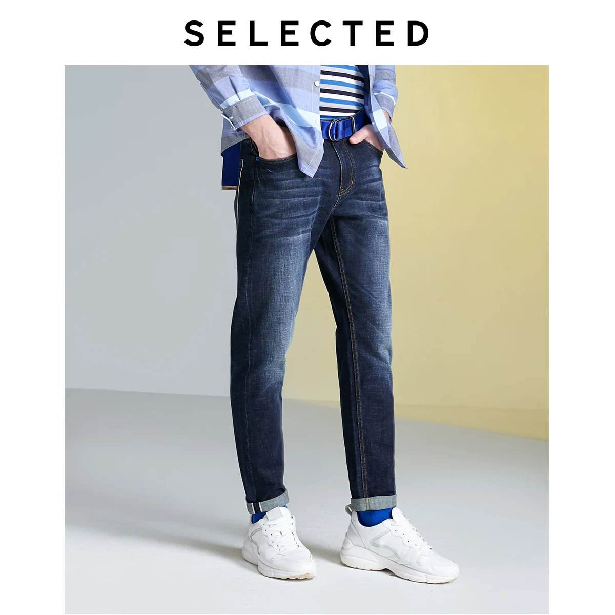 SELECTED Men's Winter Spliced Roll-up Tapered Jeans L|419432525