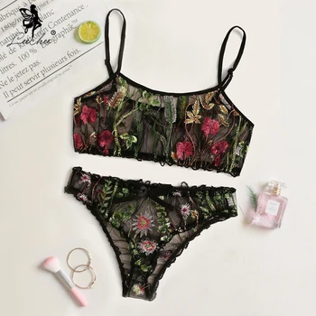

Leechee Sexy Flower Embroidery No Steel Ring Women's Underwear See-Through Mesh Soft Bra and Panty Set Bow Lace Sling Lingerie