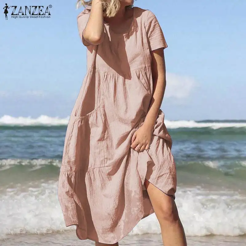 

2019 Fashion Beach Party Sundress ZANZEA Women Short Sleeve Mid-Calf Dress Summer Casual Solid O Neck Cotton Vestidos Femme Robe