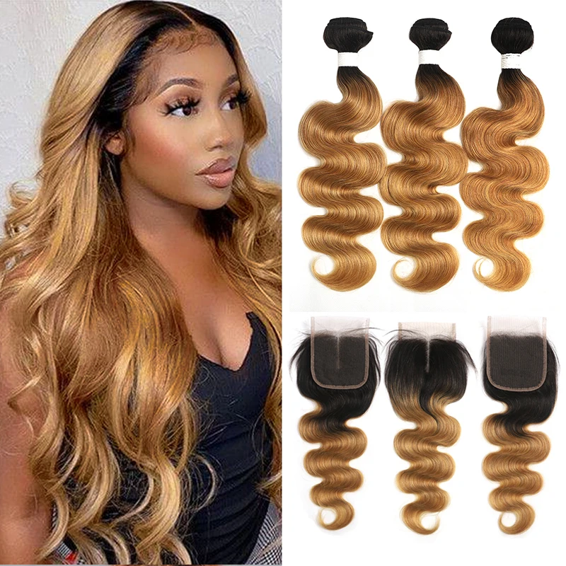 T1B/27 Ombre Blonde Body Wave 3 Bundles With Closure 4x4 SOKU Brazilian Human Hair Weave Bundles With Closure Non-Remy Hair
