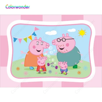 

Cartoon Pink Pig with Family Photo Backdrop Little Sun and the Earth Baby Shower Photography Background For Photo Studio Vinyl