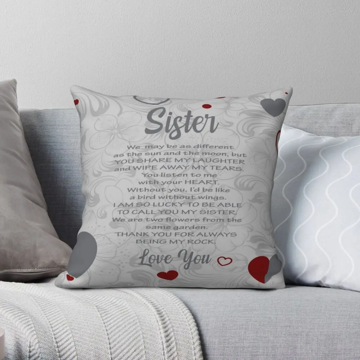 

Sister Blanket Grey Sister Hearts Pillowcase Polyester Linen Velvet Zip Decor Throw Pillow Case Home Cushion Cover 45x45