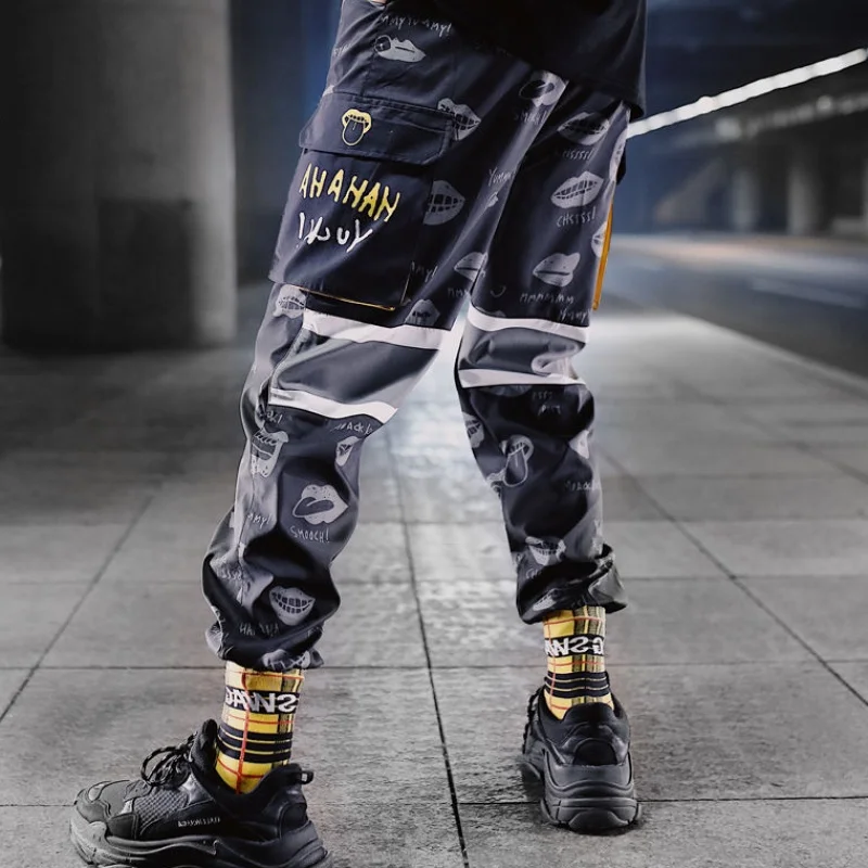 Hip Hop Ribbons Cargo Pants Men Joggers Pants Streetwear Men Fashion Mens Elastic Waist Pant Ribbons Cotton Black