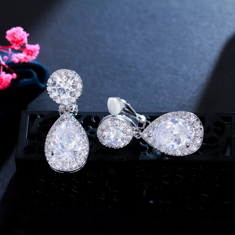 Non Pierced Ear Design Dangle Water Drop Cubic Zirconia Crystal Wedding Bridal Clip On Earring