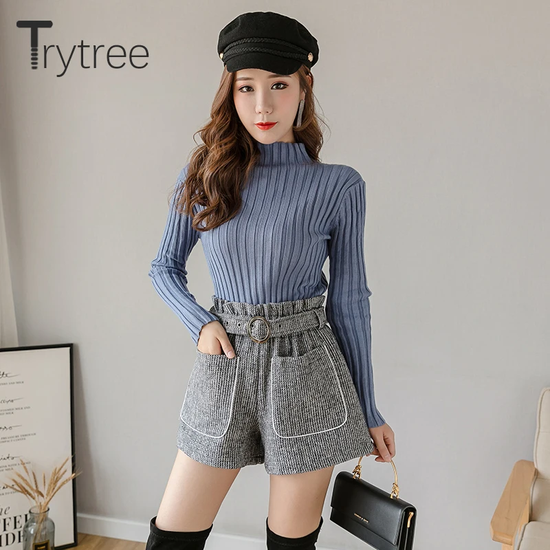 Trytree Autumn Winter woman Casual Shorts Loose Belt Pockets High waist Solid 3 Colors Fashion All-Purpose Style Short