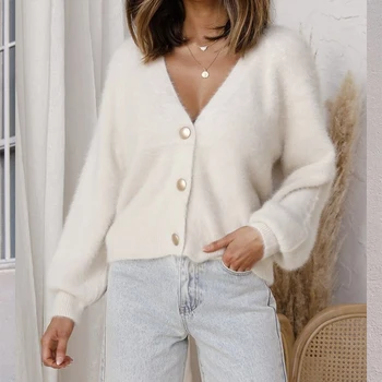 

Elegant Long Sleeve Mohair Sweater Women 2020 New Single-breasted Short Female Soft Cardigan Flexible Knitted Sweater