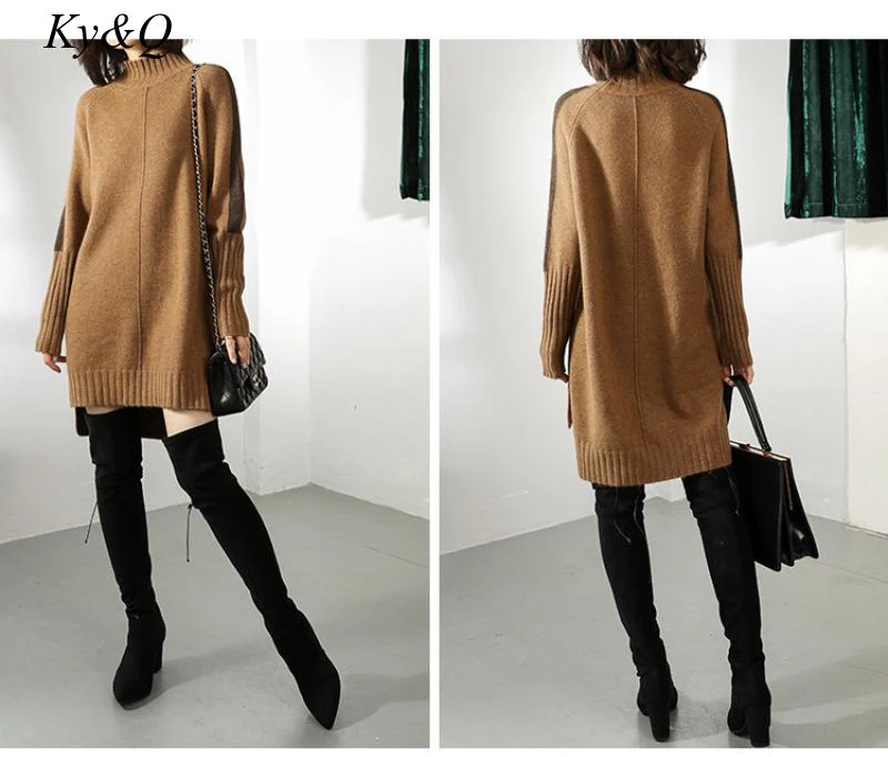 Модное женское платье средней длины на бедрах с разрезом и высоким воротом, пуловер, брендовый вязанный теплый свитер для подиума, стильный джемпер